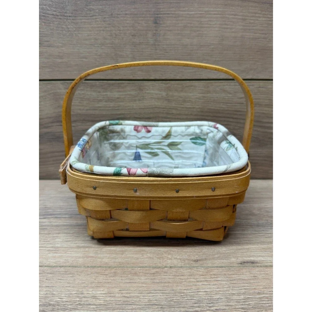 Longaberger 2000 Small Berry Basket w/ Floral Fabric & Plastic Liners